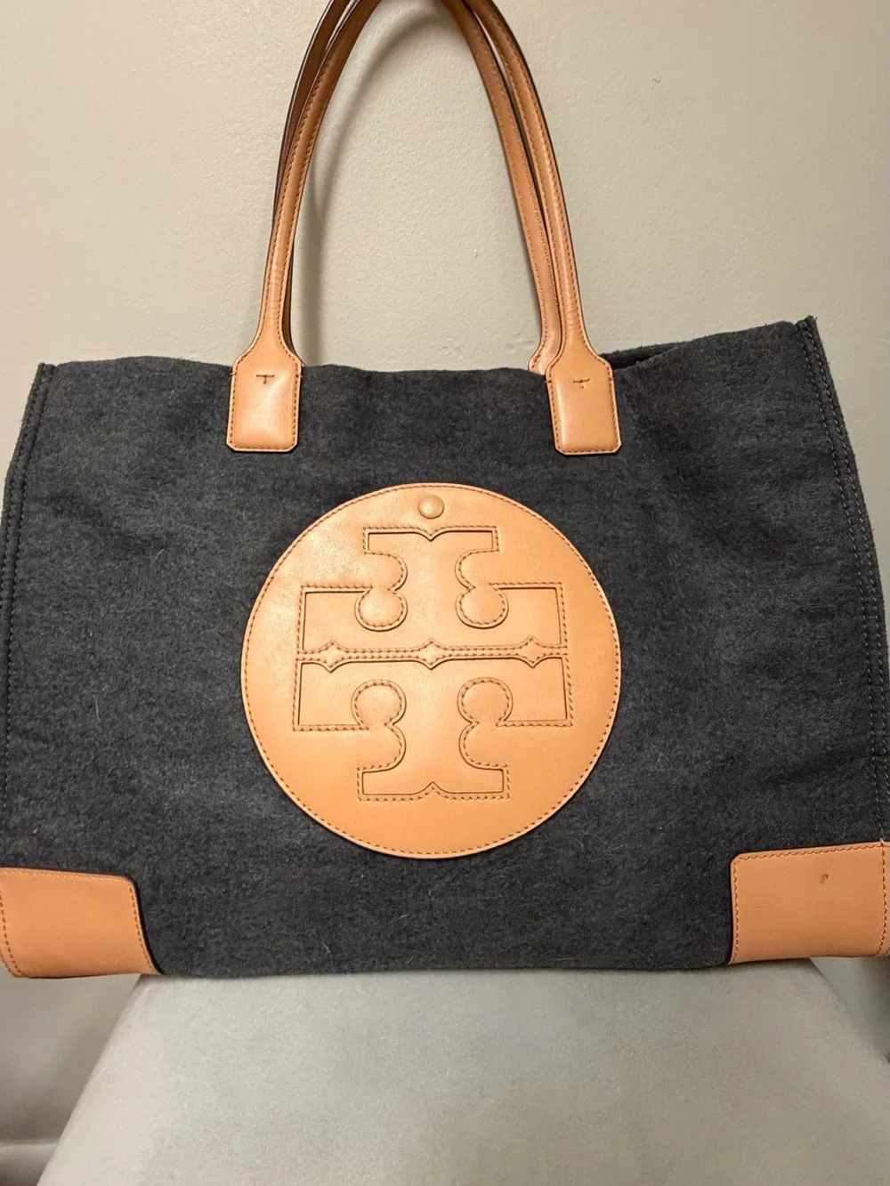 Tory Burch Gray Tote with Tan Leather Trim